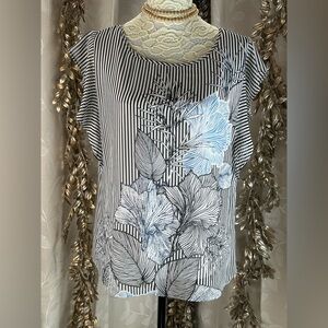 Vince Camuto‎ Black & White Striped Floral Ruffle Sleeve Blouse - Size L